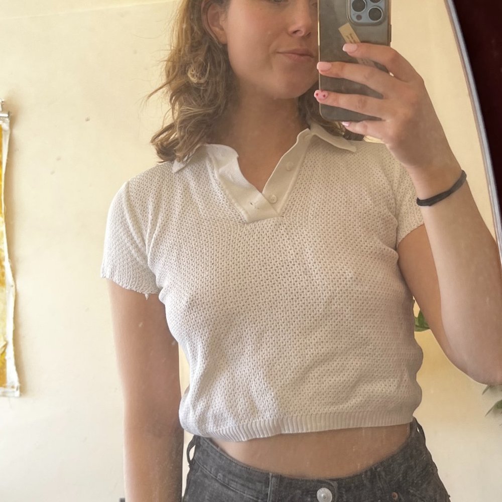 White knit polo crop top